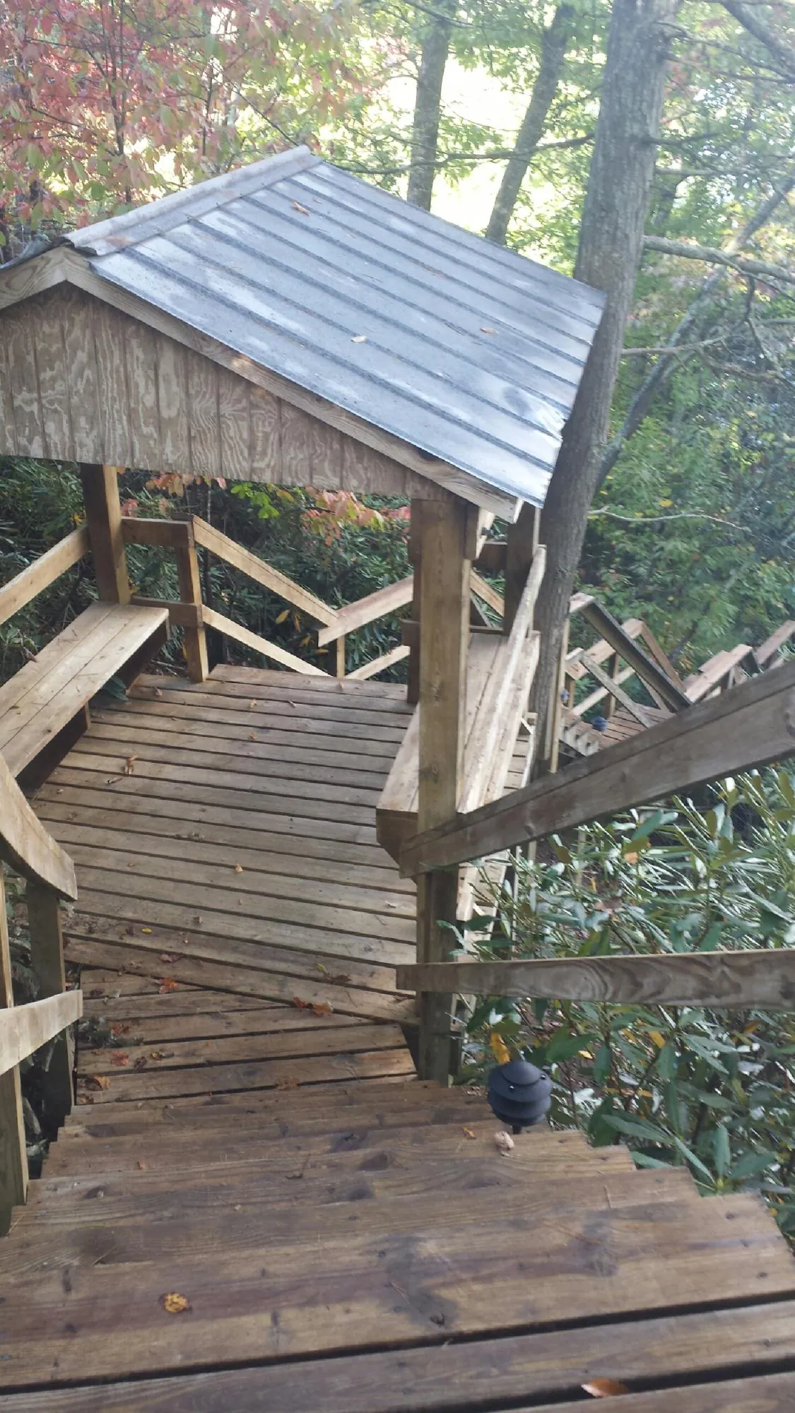 Metal roofed shelter over wooden steps on a wooded walkway — Skylight Repair & Installation work by our crew in Natrona Heights
